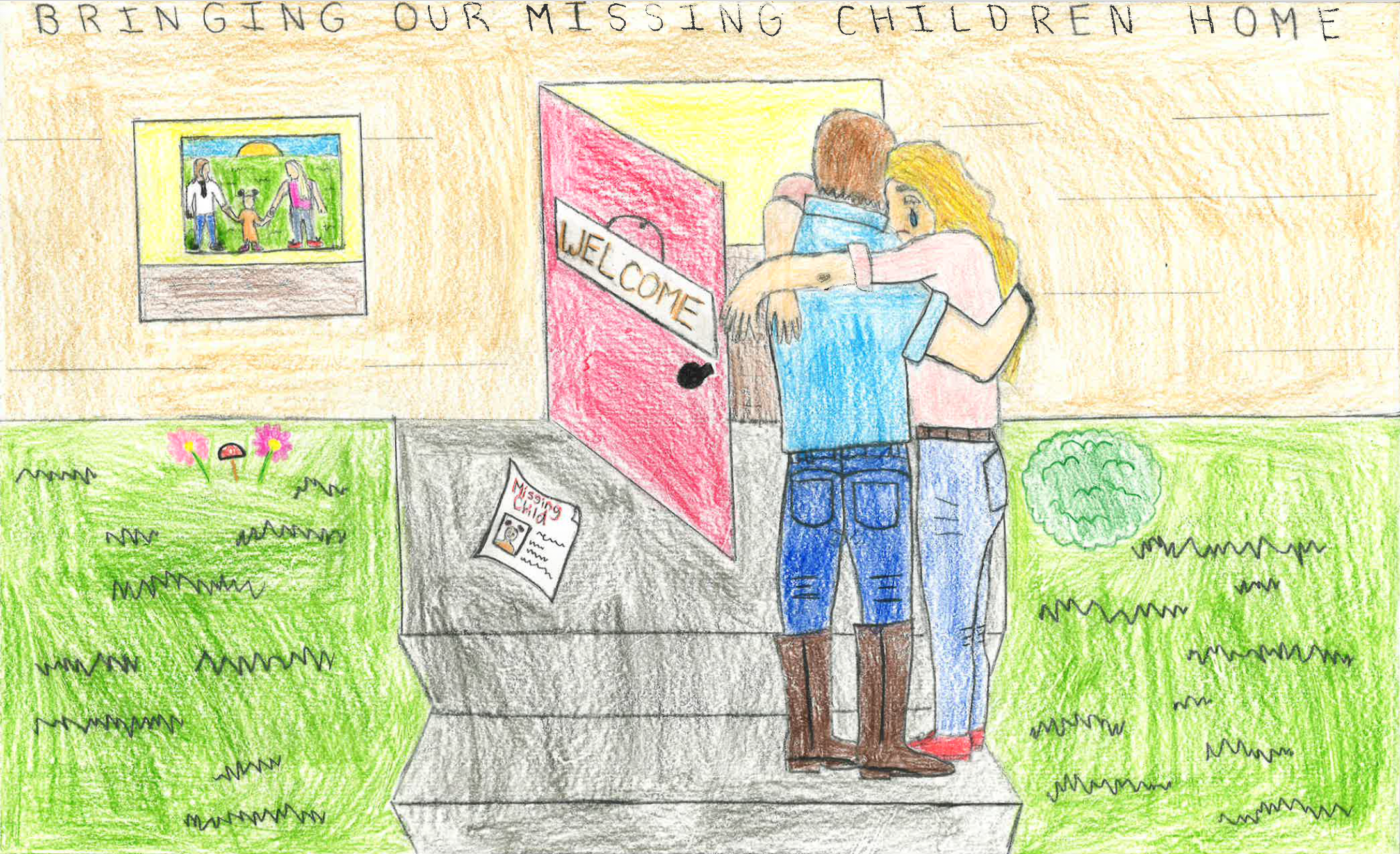 Drawing of a couple embracing who is looking for their missing child